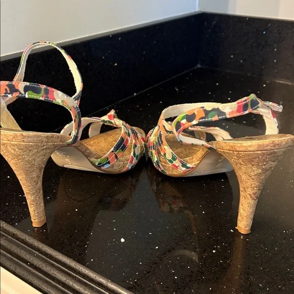 Fiomi Shabby Chic BOHO Floral Abstract Fabric Cork High Heel Stiletto Sandals - Picture 8 of 12